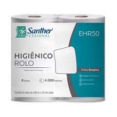 PAPEL HIGIÊNICO ROLÃO FOLHA SIMPLES 8X500 100% SANTHER EHR50